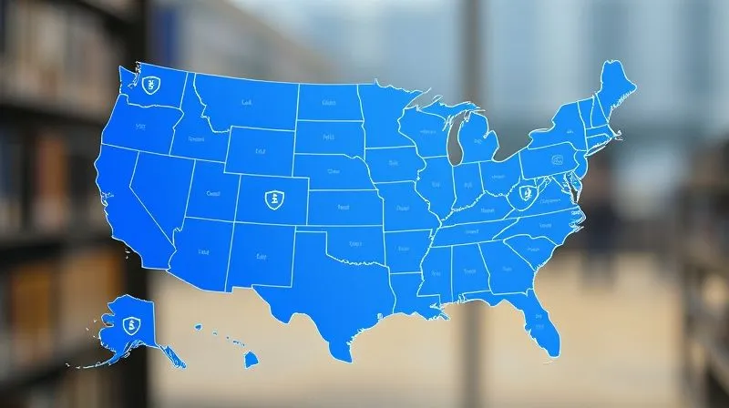 A photorealistic, professional photography, 8K, cinematic lighting, sharp focus on a stylized, transparent map of the United States, with different states highlighted in varying shades of blue to represent different annuity guarantee fund limits. Overlaid are subtle, protective shield icons over each state, conveying security. Depth of field blurring the background, shot on a high-end DSLR.