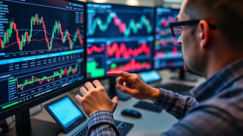 A photorealistic, professional photography, 8K, cinematic lighting, sharp focus on a person's hands intently monitoring multiple digital screens displaying complex financial charts, stock tickers, and news feeds. The screens cast a soft, analytical glow on their face, conveying vigilance and proactive management. Depth of field blurring the office background, shot on a high-end DSLR.