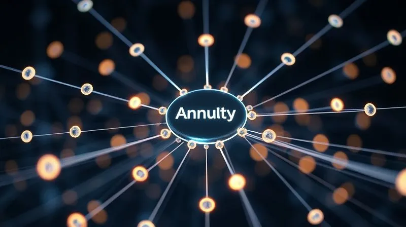 A photorealistic, professional photography, 8K, cinematic lighting, sharp focus on a complex, interconnected web or network of abstract financial entities, represented by glowing lines and nodes, with a central, larger node labeled 'Annuity Insurer' being supported by surrounding 'Reinsurers'. The image conveys a system of distributed risk and mutual support. Depth of field, shot on a high-end DSLR.