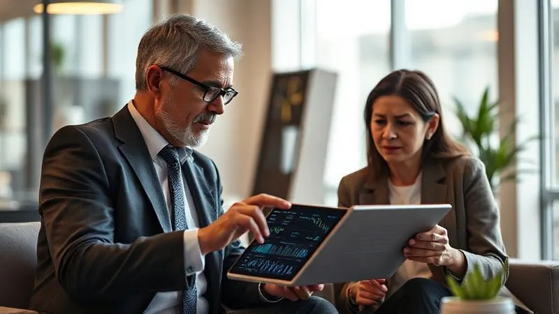 photorealistic, professional photography, 8K, cinematic lighting, sharp focus, depth of field, shot on a high-end DSLR, a calm and reassuring financial advisor, mid-50s, diverse ethnicity, in a modern office, gently explaining complex market data to a worried client (also diverse ethnicity, mid-40s), both looking at a tablet displaying simplified charts, soft, warm lighting creating an atmosphere of trust and understanding, focus on their faces and gestures.