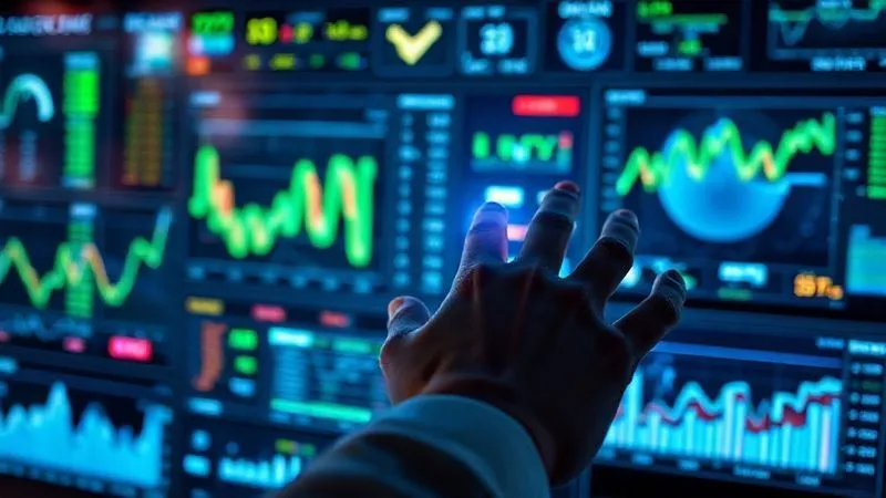 photorealistic, professional photography, 8K, cinematic lighting, sharp focus, depth of field, shot on a high-end DSLR, a futuristic financial dashboard displaying real-time market data, risk analytics, and portfolio performance on multiple holographic screens, a professional hand (blurred) points at a specific data point, dynamic blue and green light emanating from the screens, conveying high-tech monitoring and control, shallow depth of field focusing on the central data.