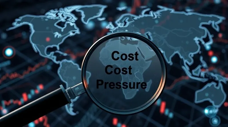 Photorealistic, professional photography, 8K, cinematic lighting, sharp focus, depth of field, shot on a high-end DSLR. A complex, interconnected web of global supply chains overlaid with upward-trending financial graphs and swirling currency symbols, all subtly hinting at pressure and volatility. In the foreground, a magnifying glass focuses on a specific node, showing detailed cost increases.