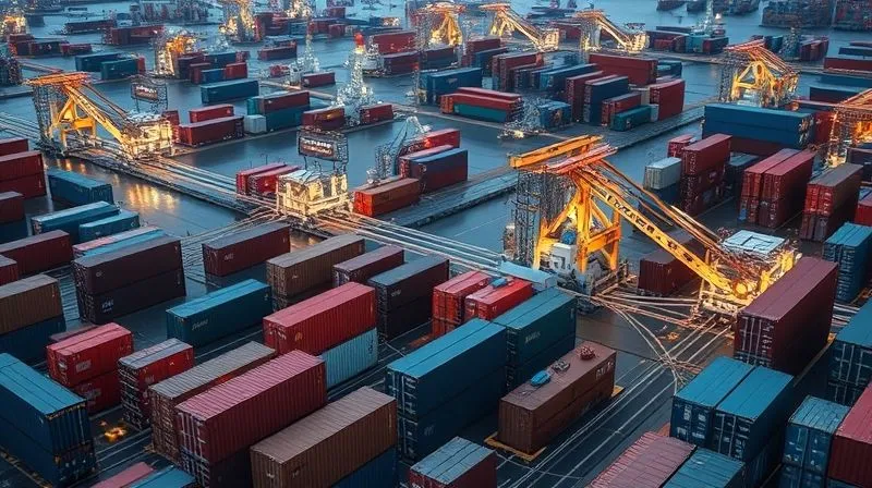 Photorealistic, professional photography, 8K, cinematic lighting, sharp focus, depth of field, shot on a high-end DSLR. A network of diverse, interconnected shipping containers, factories, and transportation routes, flowing smoothly and efficiently. Some containers are highlighted, showing alternative routes and multiple origins, symbolizing supply chain diversification and resilience against a backdrop of subtle economic turbulence.