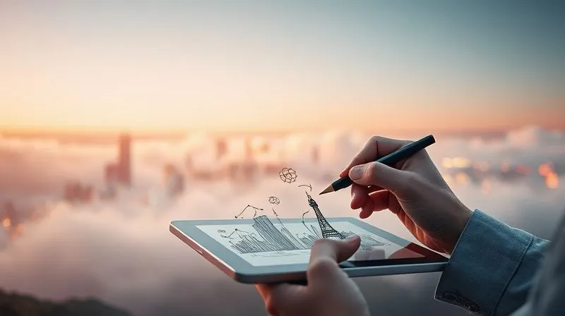 Photorealistic, professional photography, 8K, cinematic lighting, sharp focus, depth of field, shot on a high-end DSLR. A vibrant, futuristic cityscape emerging from a misty, uncertain landscape. The cityscape is sharply focused, representing innovation and growth, with clean lines and sustainable energy sources. In the foreground, a hand sketching new product designs on a tablet, symbolizing R&D and adaptation.