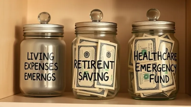 A highly detailed, photorealistic image of three distinct, labeled jars on a shelf: one labeled 'Living Expenses Emergency', another 'Retirement Savings', and a third, slightly larger jar clearly labeled 'Healthcare Emergency Fund', filled with crisp dollar bills. The jars are well-organized, with soft, inviting lighting and a shallow depth of field. professional photography, 8K, cinematic lighting, sharp focus, depth of field, shot on a high-end DSLR.