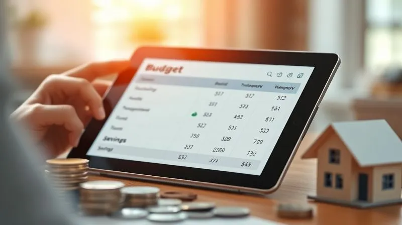 A photorealistic image of a person meticulously reviewing a digital budget on a tablet, with various categories like 'housing', 'food', 'transportation', and 'savings' prominently displayed, surrounded by stacks of coins and a small model house. The lighting is focused and warm, indicating diligence. Photorealistic, professional photography, 8K, cinematic lighting, sharp focus, depth of field, shot on a high-end DSLR.