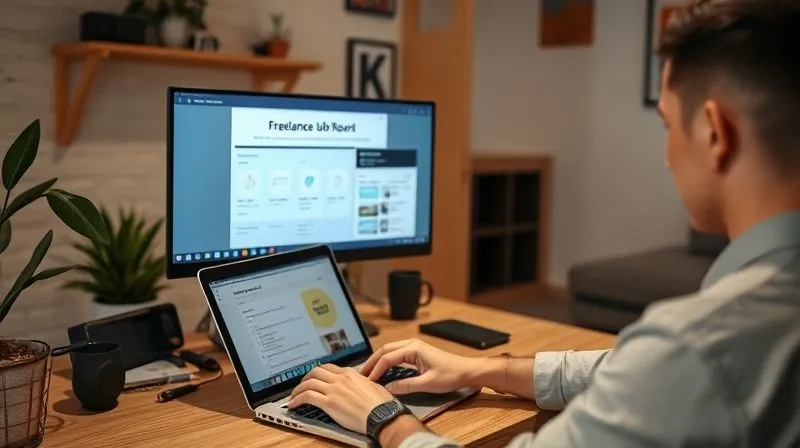 A photorealistic image of a person working on a laptop in a cozy home office setup, with a second monitor displaying a freelance job board. In the background, a small section of a room is subtly partitioned, hinting at a rented spare room. The overall atmosphere is industrious and focused. Photorealistic, professional photography, 8K, cinematic lighting, sharp focus, depth of field, shot on a high-end DSLR.
