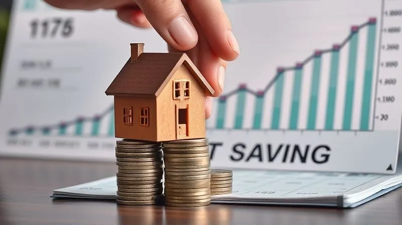 A photorealistic image of a person's hand placing a small house figurine onto a stack of coins next to a bank passbook titled 'High-Yield Savings'. The background shows a subtle, blurred financial chart trending upwards, symbolizing safe growth. Photorealistic, professional photography, 8K, cinematic lighting, sharp focus, depth of field, shot on a high-end DSLR.