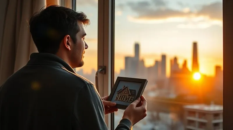 A photorealistic image of a person standing at a window, looking out at a vibrant, modern city skyline at sunrise, holding a set of house keys and a small, framed photo of their ideal home. The expression is one of hopeful determination. Photorealistic, professional photography, 8K, cinematic lighting, sharp focus, depth of field, shot on a high-end DSLR.