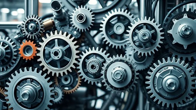A photorealistic, professional photography, 8K, cinematic lighting, sharp focus, depth of field. A complex network of gears and cogs, seamlessly interlocking and turning with precision, representing operational efficiency and automation. The background is softly blurred, suggesting a busy but harmonized workflow within a modern factory or data center.