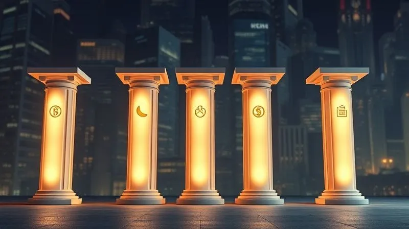 A photorealistic image of five distinct, glowing pillars standing on solid ground, each representing a pillar of due diligence (Governance, Environment, Social, Financial, Verification). Each pillar has subtle, relevant icons embedded within it. The pillars are bathed in cinematic lighting, casting long shadows. Sharp focus on the pillars, depth of field blurring a complex, intertwined background of corporate buildings and natural landscapes. 8K hyper-detailed, professional photography, shot on a high-end DSLR.