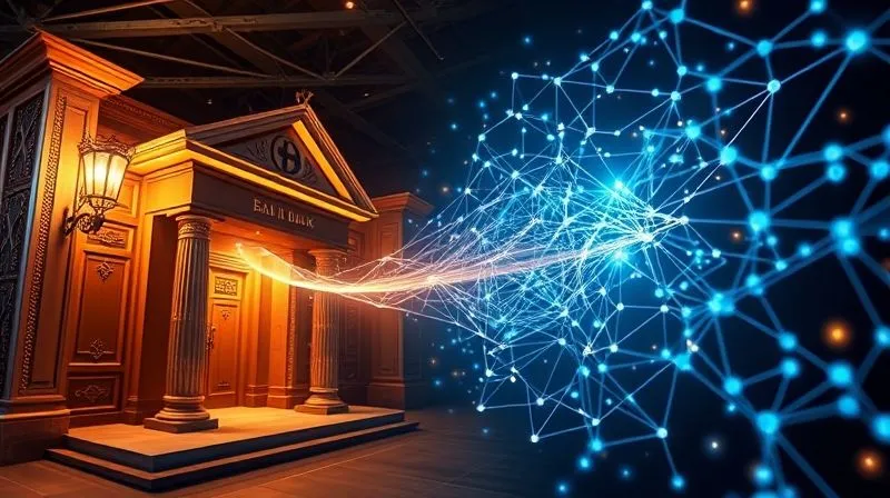 photorealistic, professional photography, 8K, cinematic lighting, sharp focus, depth of field, shot on a high-end DSLR. An abstract representation of glowing, intricate data pathways and network nodes seamlessly connecting a traditional, ornate bank vault on one side with a futuristic, crystalline blockchain network on the other. Light streams fluidly between them, symbolizing data exchange and integration.