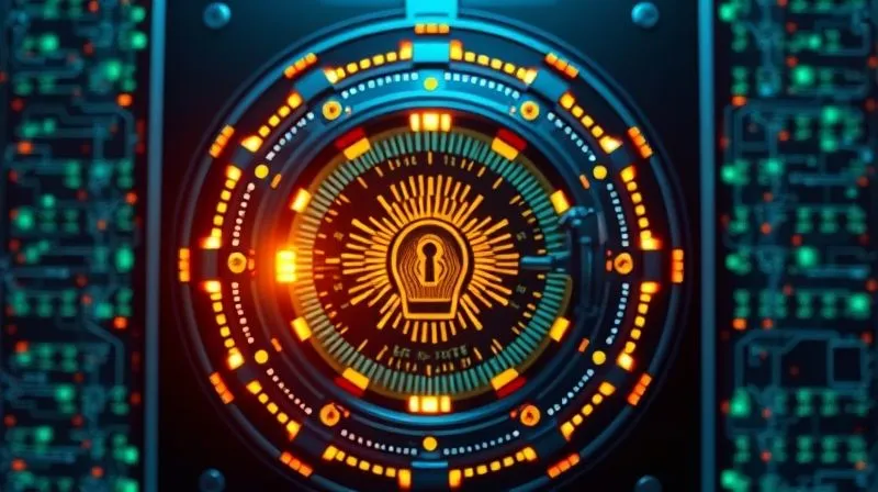 photorealistic, professional photography, 8K, cinematic lighting, sharp focus, depth of field, shot on a high-end DSLR. A high-tech, glowing digital vault door with intricate cryptographic patterns and biometric scanners, surrounded by a matrix of secure data streams. The vault symbolizes impenetrable security and robust protection for digital assets, with a subtle depth of field blurring a futuristic data center in the background.