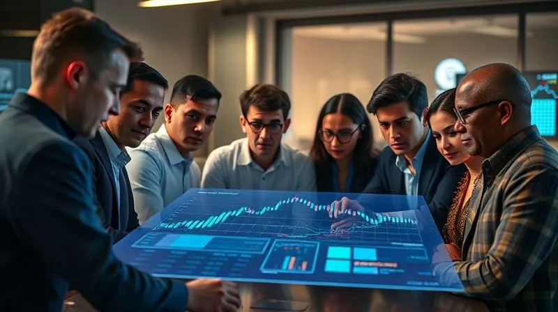 photorealistic, professional photography, 8K, cinematic lighting, sharp focus, depth of field, shot on a high-end DSLR. A diverse team of financial professionals, including data scientists, compliance officers, and strategists, collaborating intently around a large holographic display showing integrated traditional financial data and live cryptocurrency market feeds. The atmosphere is one of focused innovation and seamless teamwork, with cinematic lighting highlighting their expressions of concentration and shared purpose.