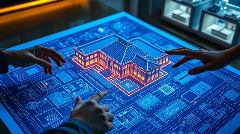 A photorealistic architectural blueprint of a complex bank, overlayed with glowing digital lines representing data flows and system interconnections. The blueprint is on a large table, with hands pointing to specific sections, cinematic lighting. 8K hyper-detailed, professional photography.