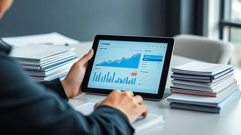 A photorealistic image of a person calmly reviewing a tablet displaying a financial dashboard, surrounded by neatly stacked documents on a clean, modern desk, emphasizing post-transfer verification and organization, 8K, cinematic lighting, sharp focus on the tablet screen, depth of field blurring the background.