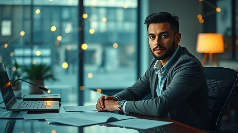photorealistic, professional photography, 8K, cinematic lighting, sharp focus, depth of field, shot on a high-end DSLR, an entrepreneur sitting at a desk, surrounded by a subtle, glowing network of connections, with documents related to personal assets and guarantees scattered on the desk, symbolizing leveraging personal and professional networks for emergency funding, with a determined expression.
