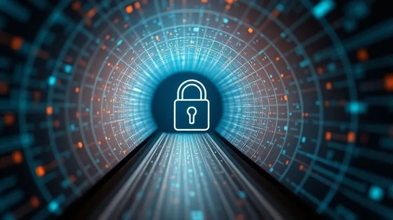 A photorealistic, professional photography, 8K, cinematic lighting, sharp focus, depth of field, shot on a high-end DSLR, showing encrypted data packets flowing securely through a digital tunnel, with a glowing padlock icon at the entrance, symbolizing robust data encryption in open banking.