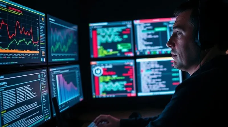 A photorealistic image of a cybersecurity analyst intensely monitoring multiple glowing screens displaying complex API traffic patterns, anomaly detection alerts, and real-time threat intelligence feeds. The room is dark, lit only by the screens, conveying vigilance and high stakes. 8K hyper-detailed, cinematic lighting, sharp focus on the analyst's face.