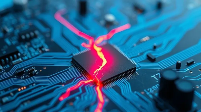 A photorealistic image of a digital circuit board with a small, glowing red crack spreading across it, being rapidly contained by surrounding blue lines of light, symbolizing a zero-day exploit being detected and mitigated by an incident response team. Cinematic lighting, sharp focus, depth of field, 8K.