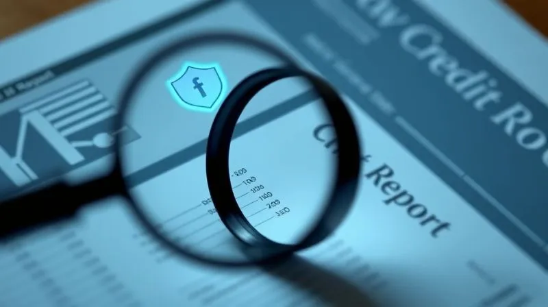 A photorealistic image of a magnifying glass hovering over a digital representation of a credit report, with various data points highlighted, surrounded by a subtle digital security shield icon. Cinematic lighting, sharp focus, depth of field, 8K hyper-detailed, professional photography, shot on a high-end DSLR.