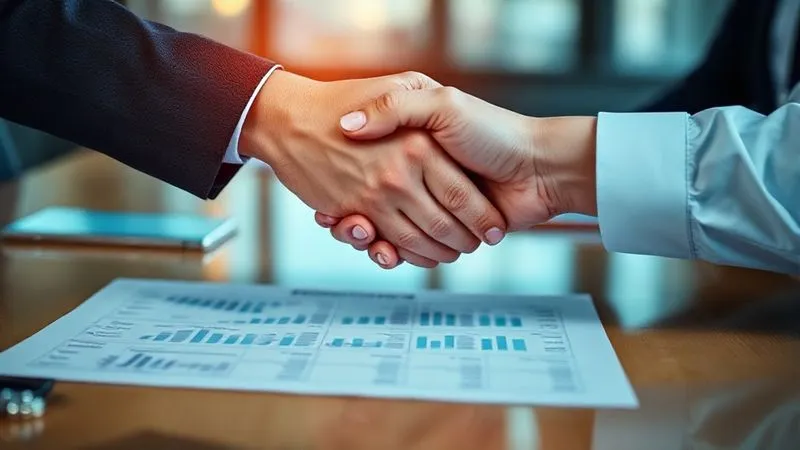A photorealistic, professional photography, 8K image of two hands shaking firmly across a conference table, with a slightly blurred financial spreadsheet in the foreground and a warm, empathetic glow around the handshake. Cinematic lighting highlights the connection and agreement, sharp focus on the hands, depth of field blurring the background to signify a resolution amidst challenges. Shot on a high-end DSLR.