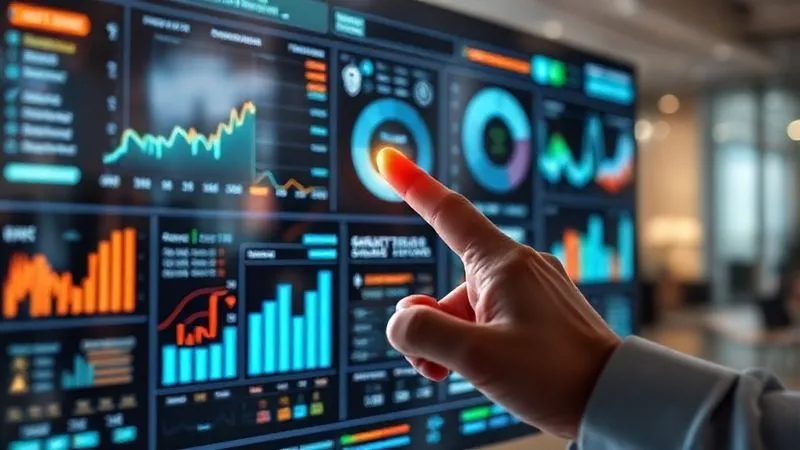 A photorealistic, professional photography, 8K image of a complex holographic dashboard displaying real-time financial metrics, client health scores, and predictive churn probabilities, with a focused professional hand pointing at a data point. Cinematic lighting illuminates the glowing data, sharp focus on the dashboard and hand, depth of field blurring the background of a modern office. Shot on a high-end DSLR.