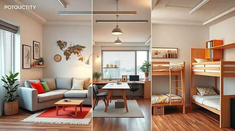A photorealistic image showing a collage of diverse, budget-friendly accommodation options: a cozy Airbnb living room, a modern hostel common area, and a clean university dorm room, all presented professionally, 8K, cinematic lighting, sharp focus, depth of field.