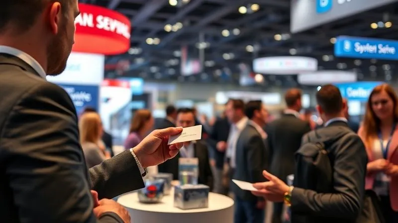 A photorealistic image of a person confidently exchanging business cards at a bustling conference, with a backdrop of branded booths and engaged attendees, highlighting professional networking, 8K, cinematic lighting, sharp focus, depth of field.