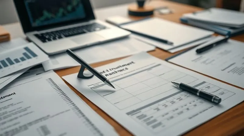 A close-up photorealistic image of a desk covered with neatly organized financial documents, including investment statements, contracts, and emails, with a pen poised to write on a timeline sheet. Professional photography, 8K, cinematic lighting, sharp focus on the documents, depth of field blurring a laptop in the background, shot on a high-end DSLR.