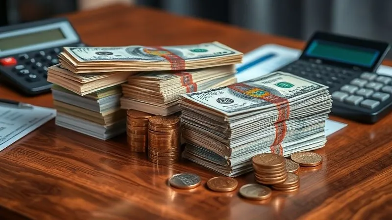 A photorealistic image of stacks of various denominations of currency notes and coins, artistically arranged on a polished wooden table, with a calculator and a financial statement in the background, symbolizing financial compensation and recovery. Professional photography, 8K, cinematic lighting, sharp focus on the money, depth of field, shot on a high-end DSLR.