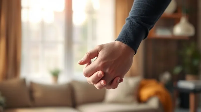 A photorealistic image of two hands clasped in a gesture of support and empathy, with a blurred background of a comforting, warm-toned living room, symbolizing emotional support during difficult times. Professional photography, 8K, cinematic lighting, sharp focus on the hands, depth of field, shot on a high-end DSLR.