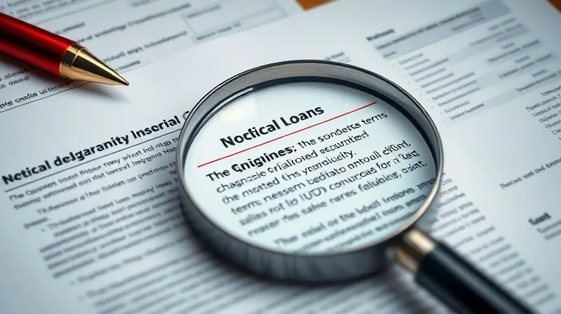 photorealistic, professional photography, 8K, cinematic lighting, sharp focus, depth of field, shot on a high-end DSLR. A magnifying glass hovering over complex, dense legal loan documents, highlighting a specific clause with a red pen mark, symbolizing the identification of predatory terms.