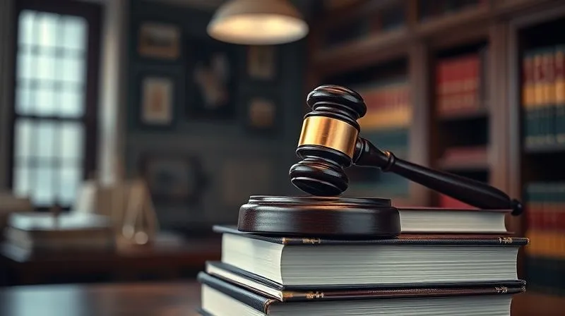 photorealistic, professional photography, 8K, cinematic lighting, sharp focus, depth of field, shot on a high-end DSLR. A close-up of a gavel resting on a stack of legal books in a dimly lit, traditional law office, symbolizing legal action and justice for financial fraud victims.