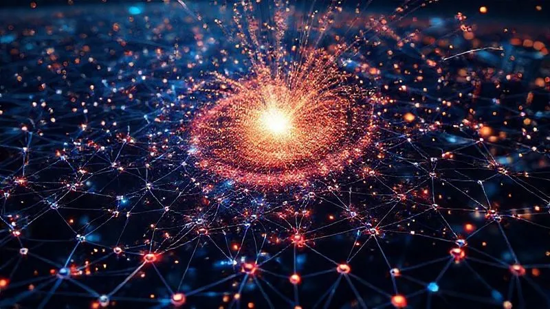 A photorealistic, professional photography, 8K image depicting a glowing, intricate blockchain network being attacked by a swirling vortex of abstract quantum energy, represented by chaotic light particles. The blockchain nodes show signs of digital stress, with some flickering or breaking apart. Cinematic lighting, sharp focus on the point of quantum impact, depth of field blurring a digital cityscape in the background, shot on a high-end DSLR. The mood is one of impending crisis and vulnerability.