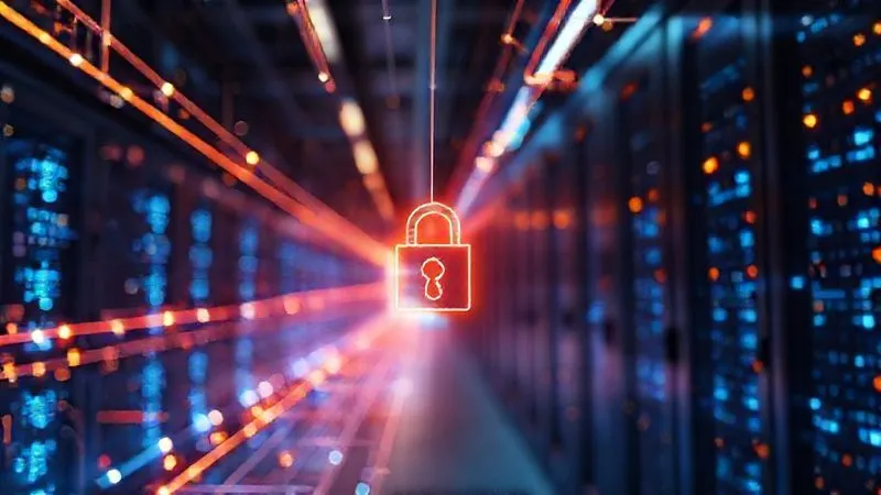 A photorealistic, professional photography, 8K image showing a glowing, intricate network of laser beams and optical fibers, representing Quantum Key Distribution (QKD), connecting two secure, futuristic data centers. A digital lock icon, composed of quantum-resistant symbols, hovers between them, signifying secure key exchange. Cinematic lighting, sharp focus on the QKD network, depth of field blurring the background of a secure FinTech facility, shot on a high-end DSLR. The mood is one of advanced, impenetrable security.