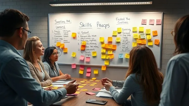 A photorealistic image of a diverse team of professionals using sticky notes and whiteboards to map out skills gaps and training needs, with a clear focus on a central goal. Professional photography, 8K, cinematic lighting, sharp focus, depth of field, shot on a high-end DSLR.