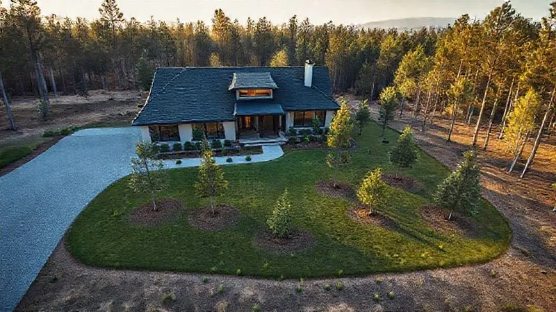 A photorealistic aerial view of a modern home with clearly delineated defensible space zones (gravel, short grass, spaced trees) extending outwards into a forest, showcasing effective wildfire mitigation, 8K, cinematic lighting, professional photography, depth of field.