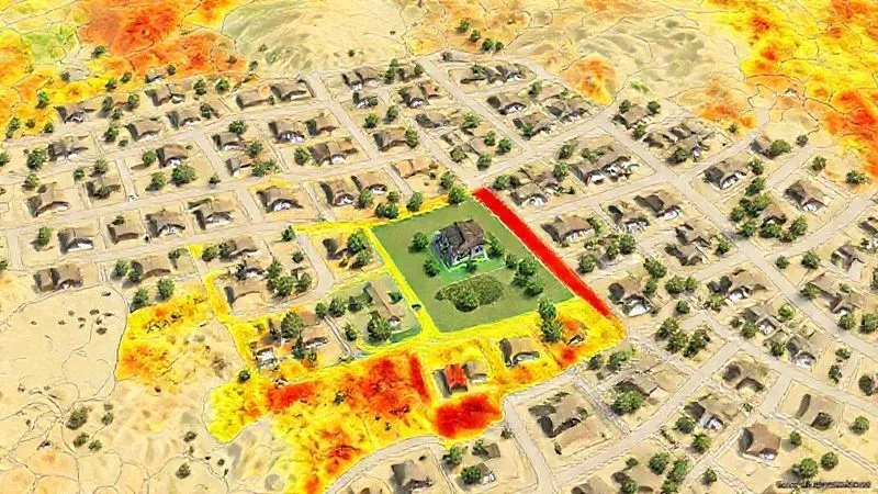 A photorealistic, detailed map of a residential area with color-coded overlays indicating varying levels of wildfire risk (green for low, yellow for moderate, red for high), with a specific home highlighted in a green zone due to mitigation efforts. Professional cartography, 8K, sharp focus.