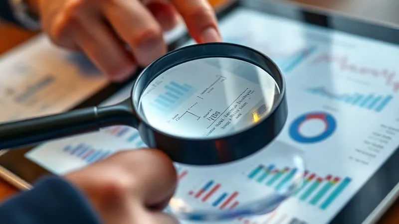 Photorealistic, professional photography, 8K, cinematic lighting, sharp focus, depth of field, shot on a high-end DSLR. A close-up of a magnifying glass hovering over complex financial documents and a digital tablet displaying intricate data visualizations, with a professional hand pointing to a specific detail. The scene conveys meticulous financial analysis and detailed underwriting processes.