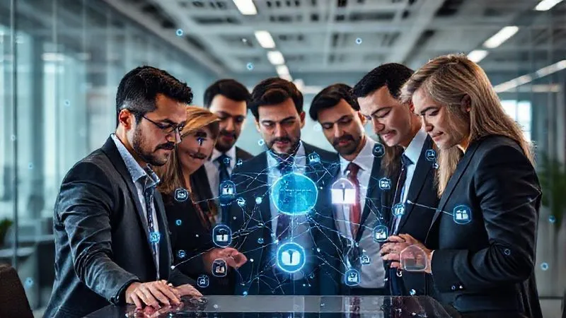 Photorealistic, professional photography, 8K, cinematic lighting, sharp focus, depth of field, shot on a high-end DSLR. A diverse group of corporate professionals in a modern, secure office environment, intently collaborating around a holographic display showing a network diagram. They are focused and alert, symbolizing a 'human firewall' protecting digital assets. Subtle digital security icons float around them, enhancing the theme of collective vigilance.
