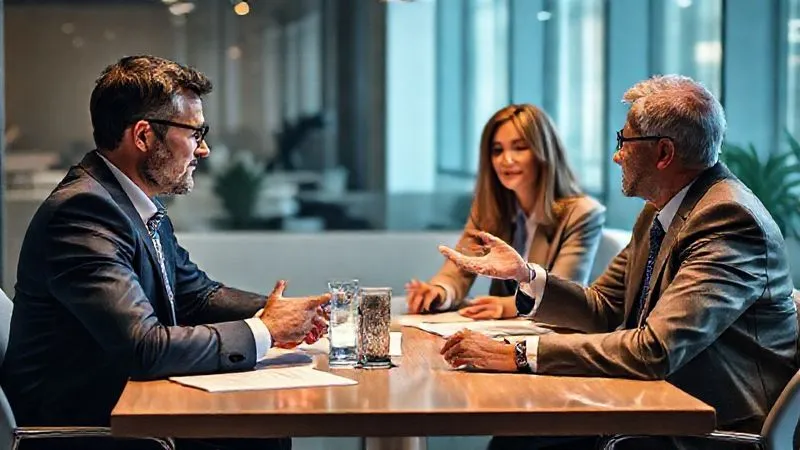 A photorealistic, professional photography, 8K, cinematic lighting, sharp focus, depth of field, shot on a high-end DSLR, of diverse professionals (a broker, a property manager, a lawyer, an investor) engaged in a focused discussion around a table, with subtle nods and hand gestures, symbolizing effective networking and proprietary deal flow in commercial real estate. The atmosphere is collaborative and confidential.