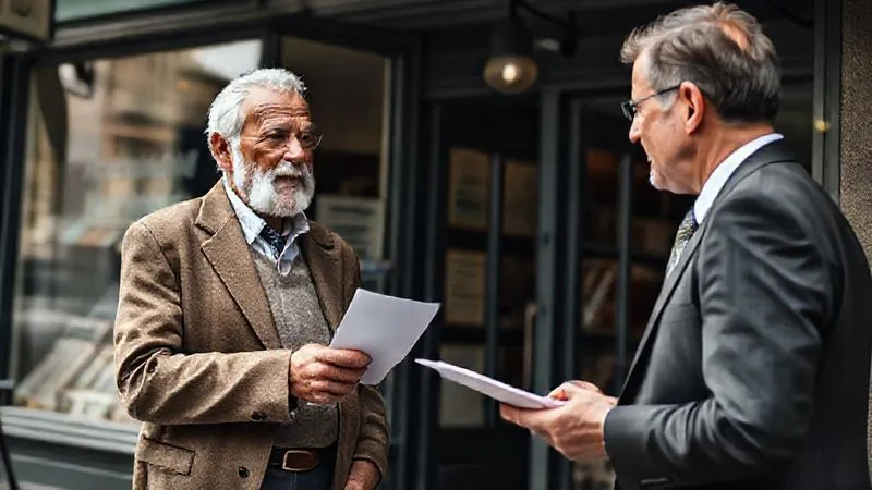 A photorealistic, professional photography, 8K, cinematic lighting, sharp focus, depth of field, shot on a high-end DSLR, of a well-dressed investor respectfully engaging an older business owner in front of a classic storefront, a subtle handwritten letter visible in the investor's hand, conveying a sense of direct, personal, and confidential outreach for an off-market commercial real estate deal.