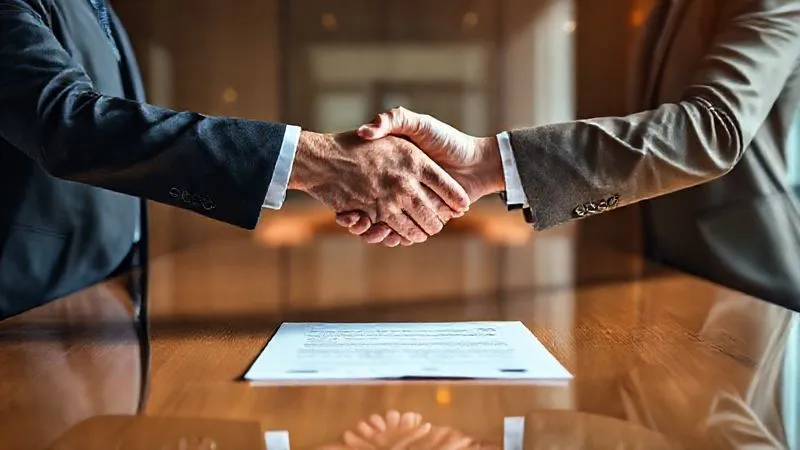 A photorealistic, professional photography, 8K, cinematic lighting, sharp focus, depth of field, shot on a high-end DSLR, of two professionals shaking hands across a polished conference table, a discreet folder of documents between them, the lighting emphasizing a sense of mutual agreement and trust in a private, high-stakes commercial real estate negotiation.