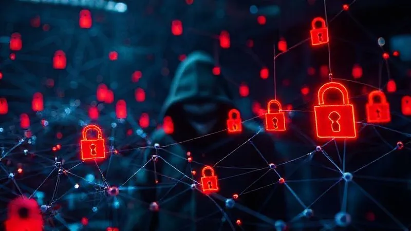 A photorealistic, professional photography, 8K, cinematic lighting, sharp focus, depth of field, shot on a high-end DSLR. A complex digital network overlayed with glowing red threat indicators and lock symbols, representing the vulnerabilities in an open banking ecosystem. A shadowy hacker figure in the background observing the network.