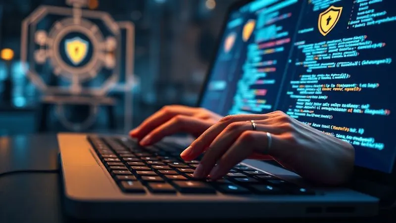 A photorealistic, professional photography, 8K, cinematic lighting, sharp focus, depth of field, shot on a high-end DSLR. A developer's hands typing on a keyboard, with lines of code on a screen that glow with security icons and shields, representing secure software development. Blurred background shows a complex network diagram and security reports.