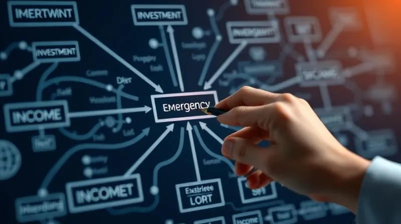 A photorealistic image of a complex financial diagram or flowchart, with lines connecting 'Emergency Fund', 'Investments', 'Debt Consolidation', and 'Income Streams'. A hand with a pen points to a strategic pathway, highlighting careful decision-making. Cinematic lighting, sharp focus, depth of field, 8K, professional photography, shot on a high-end DSLR, symbolizing strategic financial planning.