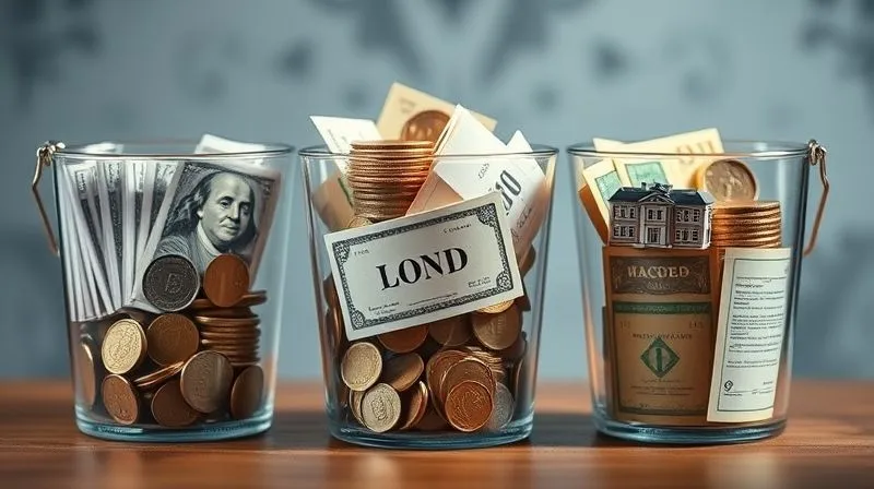 A photorealistic, professional photography shot of three clear glass buckets, each filled with different elements representing asset classes: the first with crisp banknotes and coins, the second with neatly stacked bond certificates, and the third with miniature stock charts and real estate models. Cinematic lighting illuminates the buckets, sharp focus on the contents, depth of field blurring the background, 8K hyper-detailed, shot on a high-end DSLR.