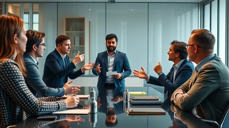 A photorealistic image of a diverse group of startup founders passionately presenting their vision to a small, attentive group of investors in a modern, well-lit board room. The founders are using expressive hand gestures, and the investors are leaning forward, engaged. Professional photography, 8K, cinematic lighting, sharp focus on the interaction, depth of field blurring the background, shot on a high-end DSLR.