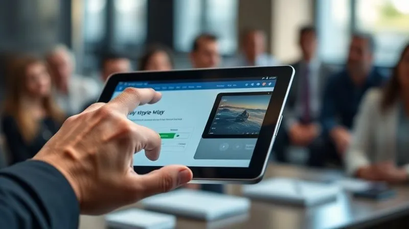 A photorealistic close-up of a hand confidently demonstrating a sleek, interactive prototype on a tablet screen, with a blurred background of an engaged investor audience. The screen displays a clean, intuitive user interface. Professional photography, 8K, cinematic lighting, sharp focus on the prototype and hand, depth of field, shot on a high-end DSLR.